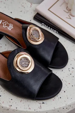 Eleganckie Klapki Damskie Na Niskim Obcasie Z Ozdobą Czarne Feledis