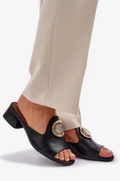 Eleganckie Klapki Damskie Na Niskim Obcasie Z Ozdobą Czarne Feledis