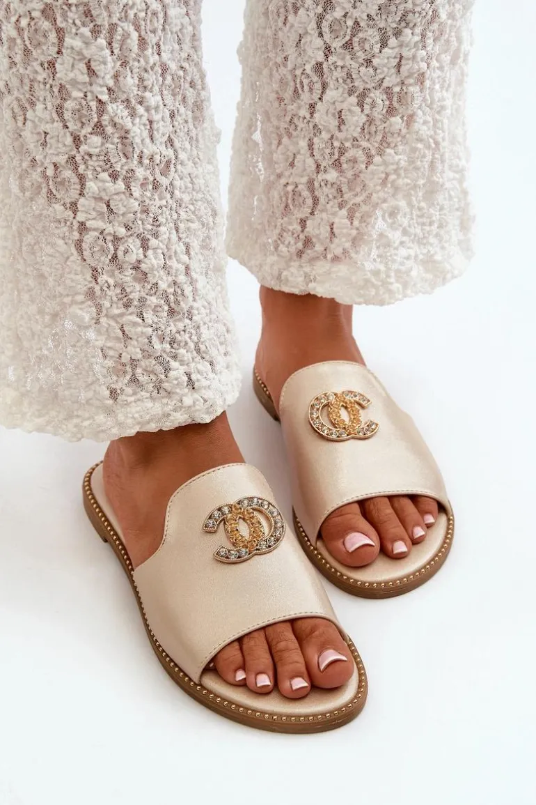 Eleganckie Klapki Damskie Błyszczące Z Ozdobą S.Barski KV27-050 Złote