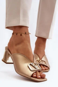 Eleganckie Klapki Damskie Na Obcasie Laura Messi 2771 Złote