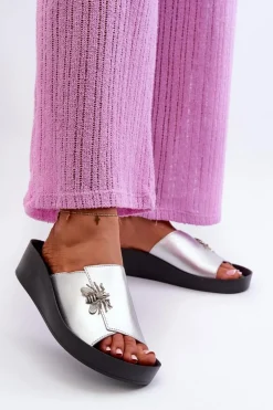 Eleganckie Klapki Damskie Z Ozdobą Skóra Naturalna S.Barski KV27-015 Srebrne