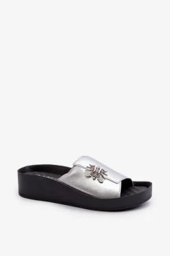 Eleganckie Klapki Damskie Z Ozdobą Skóra Naturalna S.Barski KV27-015 Srebrne