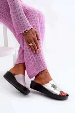 Eleganckie Klapki Damskie Z Ozdobą Skóra Naturalna S.Barski KV27-015 Srebrne