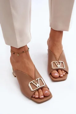 Eleganckie Klapki Damskie Na Obcasie Laura Messi 2771 Beżowe