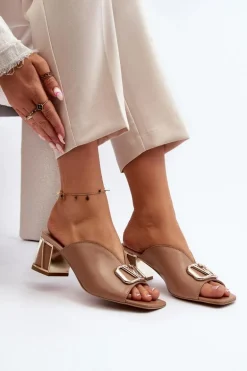 Eleganckie Klapki Damskie Na Obcasie Laura Messi 2771 Beżowe