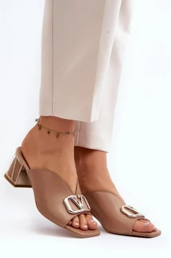 Eleganckie Klapki Damskie Na Obcasie Laura Messi 2771 Beżowe