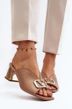 Eleganckie Klapki Damskie Na Obcasie Laura Messi 2771 Beżowe