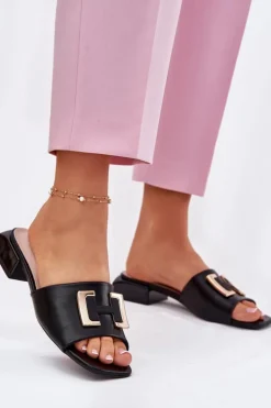 Eleganckie Klapki Damskie Na Klocku Ze Złotym Detalem Vinceza 62229 Czarne