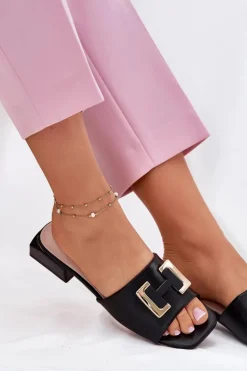 Eleganckie Klapki Damskie Na Klocku Ze Złotym Detalem Vinceza 62229 Czarne