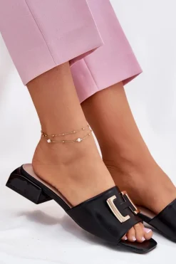 Eleganckie Klapki Damskie Na Klocku Ze Złotym Detalem Vinceza 62229 Czarne