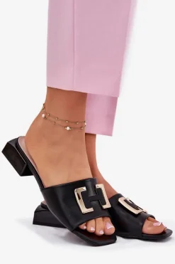 Eleganckie Klapki Damskie Na Klocku Ze Złotym Detalem Vinceza 62229 Czarne