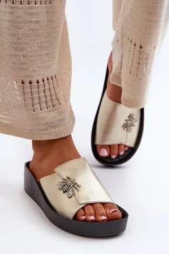 Eleganckie Klapki Damskie Z Ozdobą Skóra Naturalna S.Barski KV27-015 Złote