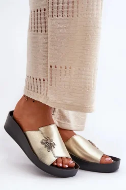 Eleganckie Klapki Damskie Z Ozdobą Skóra Naturalna S.Barski KV27-015 Złote