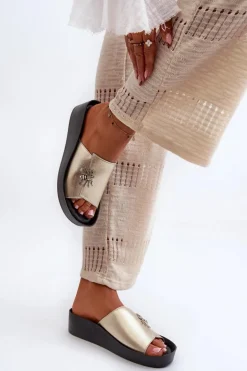 Eleganckie Klapki Damskie Z Ozdobą Skóra Naturalna S.Barski KV27-015 Złote