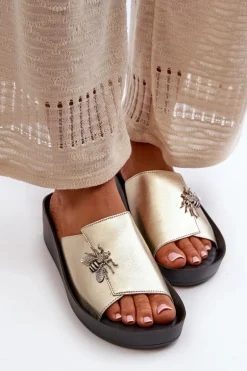 Eleganckie Klapki Damskie Z Ozdobą Skóra Naturalna S.Barski KV27-015 Złote