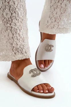 Eleganckie Klapki Damskie Błyszczące Z Ozdobą S.Barski KV27-050 Srebrne