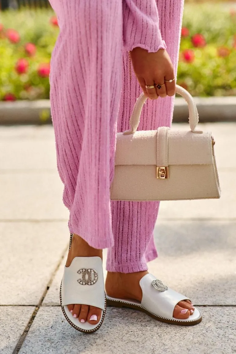 Eleganckie Klapki Damskie Błyszczące Z Ozdobą S.Barski KV27-050 Srebrne