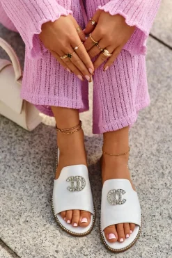 Eleganckie Klapki Damskie Błyszczące Z Ozdobą S.Barski KV27-050 Srebrne