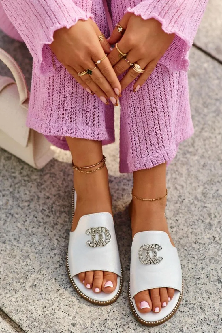 Eleganckie Klapki Damskie Błyszczące Z Ozdobą S.Barski KV27-050 Srebrne