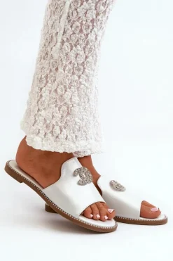 Eleganckie Klapki Damskie Błyszczące Z Ozdobą S.Barski KV27-050 Srebrne