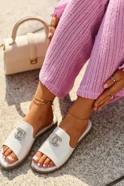 Eleganckie Klapki Damskie Błyszczące Z Ozdobą S.Barski KV27-050 Srebrne