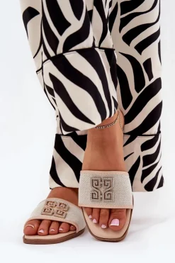 Eleganckie Klapki Damskie Z Ozdobą Na Płaskim Obcasie Beżowe Lovehia