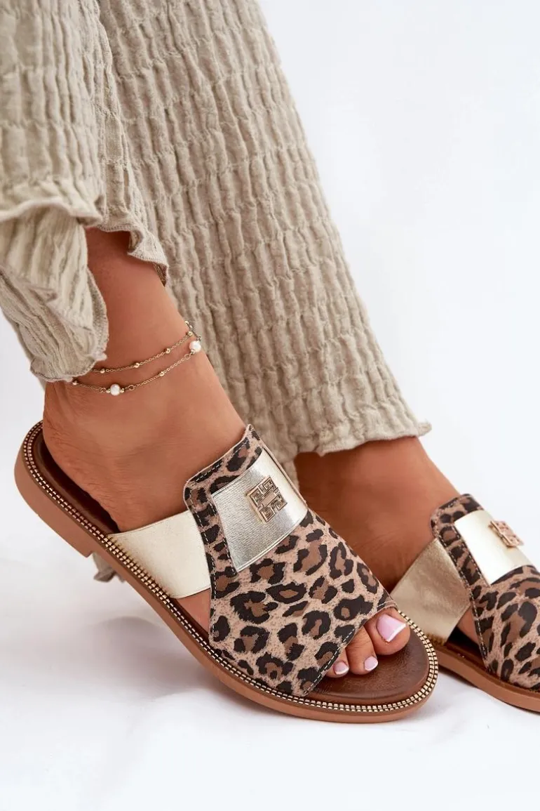 Eleganckie Klapki Ze Skóry Naturalnej Na Płaskim Obcasie Zazoo 40423 Panterka