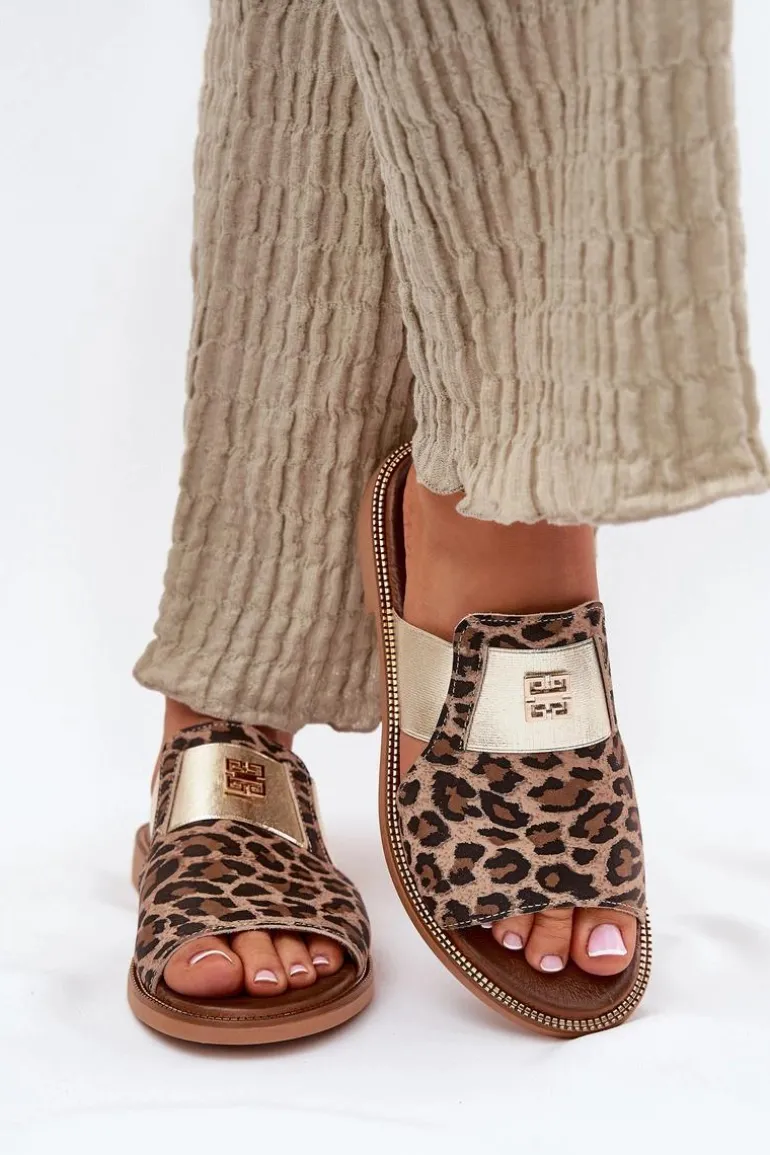 Eleganckie Klapki Ze Skóry Naturalnej Na Płaskim Obcasie Zazoo 40423 Panterka