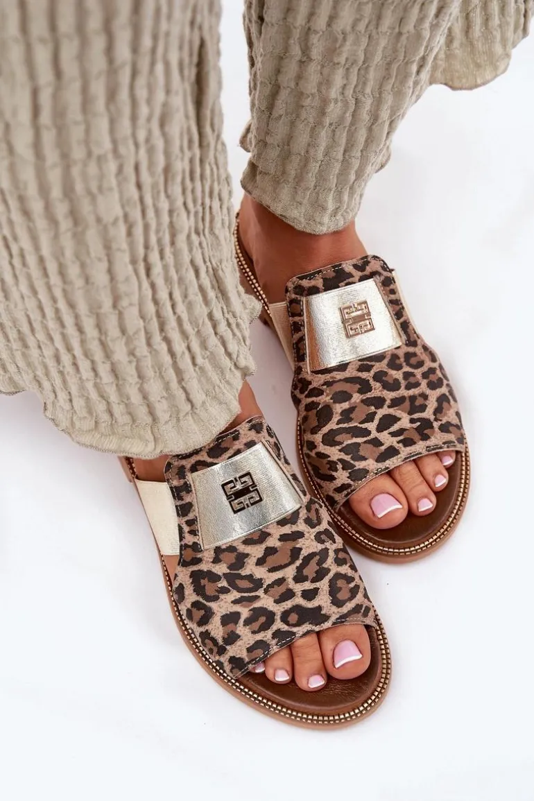 Eleganckie Klapki Ze Skóry Naturalnej Na Płaskim Obcasie Zazoo 40423 Panterka