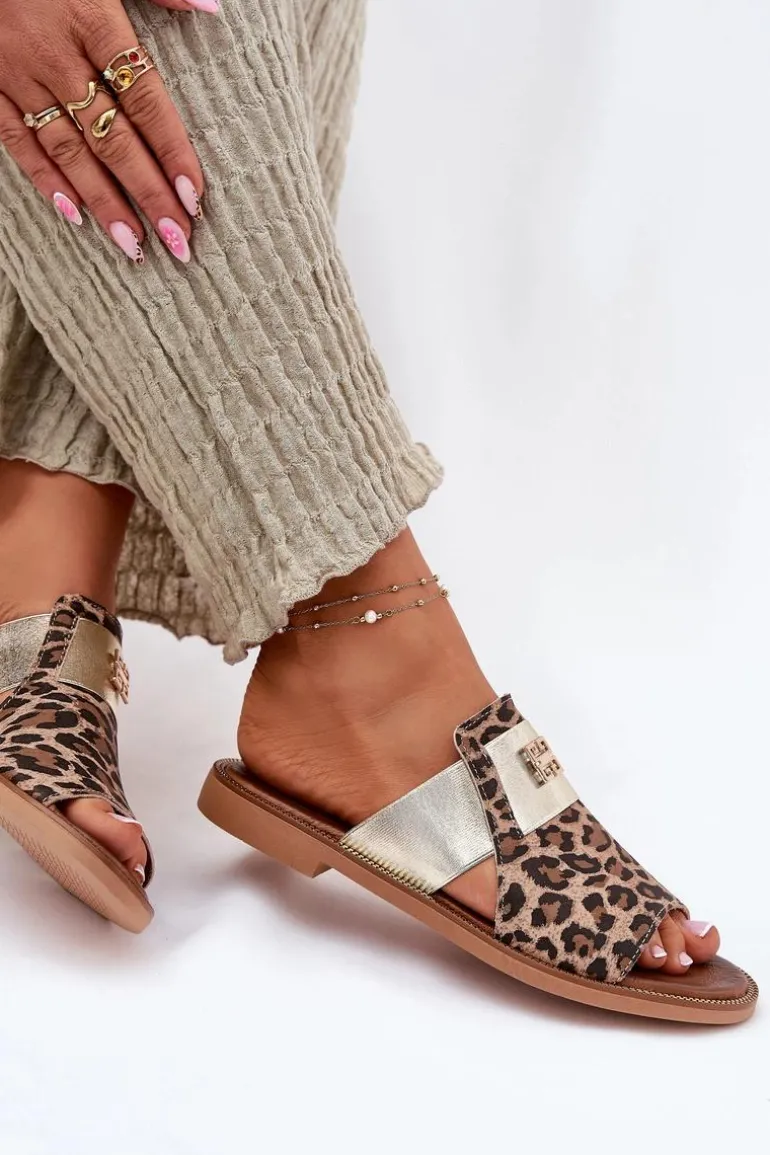 Eleganckie Klapki Ze Skóry Naturalnej Na Płaskim Obcasie Zazoo 40423 Panterka