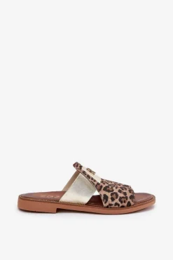 Eleganckie Klapki Ze Skóry Naturalnej Na Płaskim Obcasie Zazoo 40423 Panterka