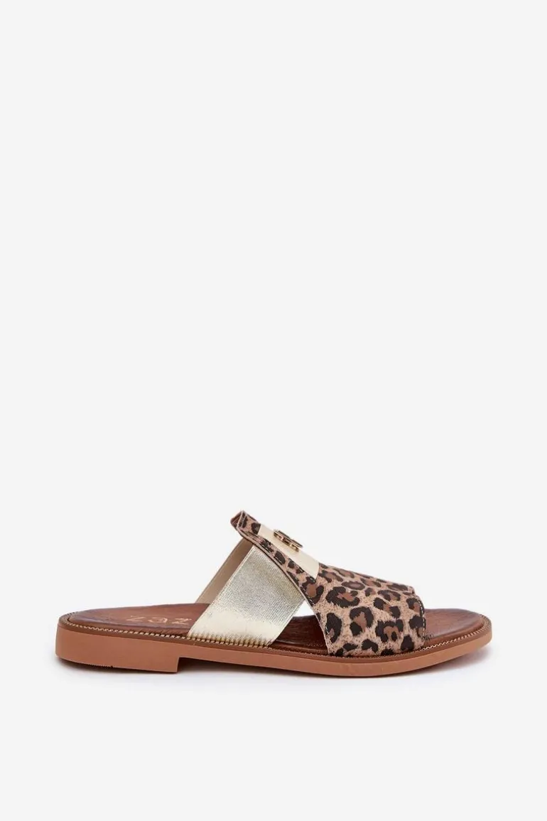 Eleganckie Klapki Ze Skóry Naturalnej Na Płaskim Obcasie Zazoo 40423 Panterka