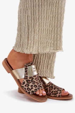 Eleganckie Klapki Ze Skóry Naturalnej Na Płaskim Obcasie Zazoo 40423 Panterka