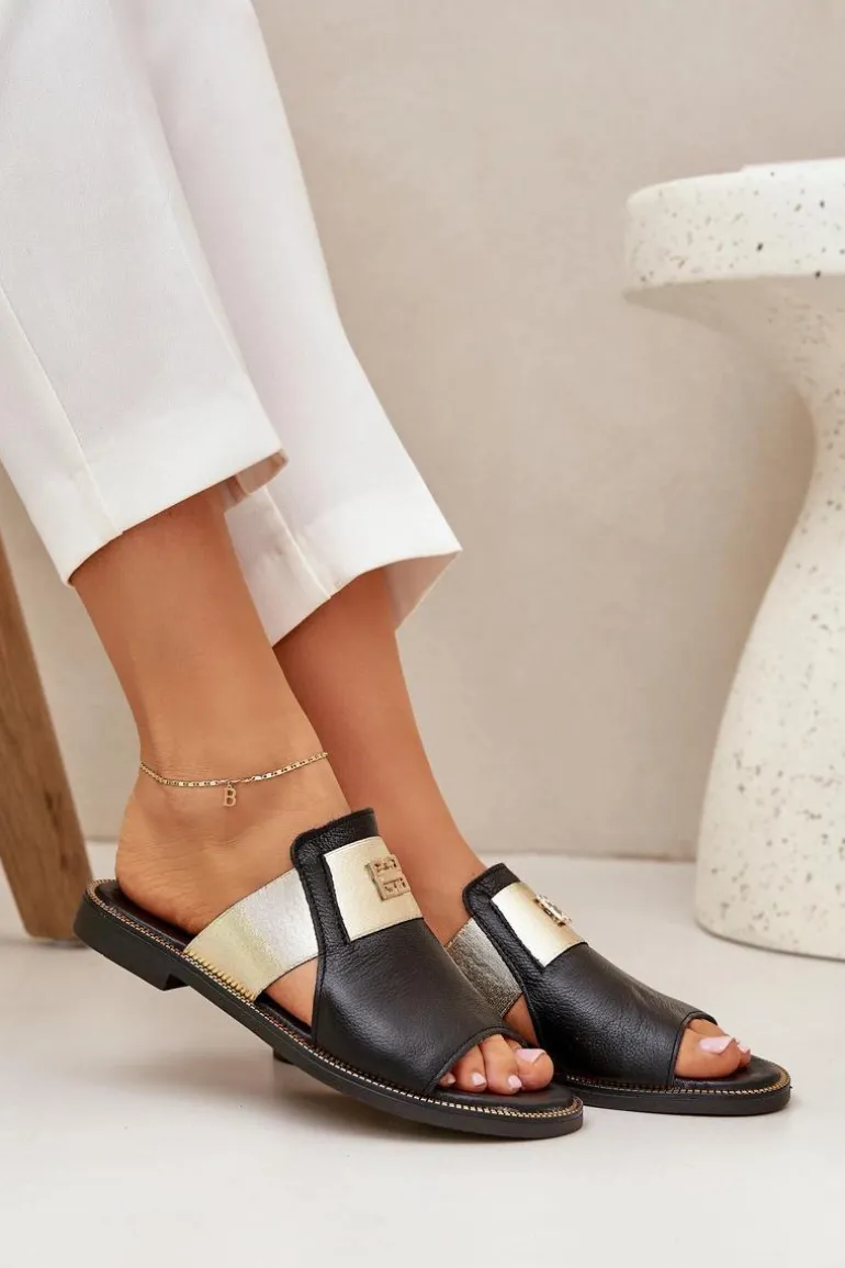 Eleganckie Klapki Ze Skóry Naturalnej Na Płaskim Obcasie Zazoo 40423 Czarne