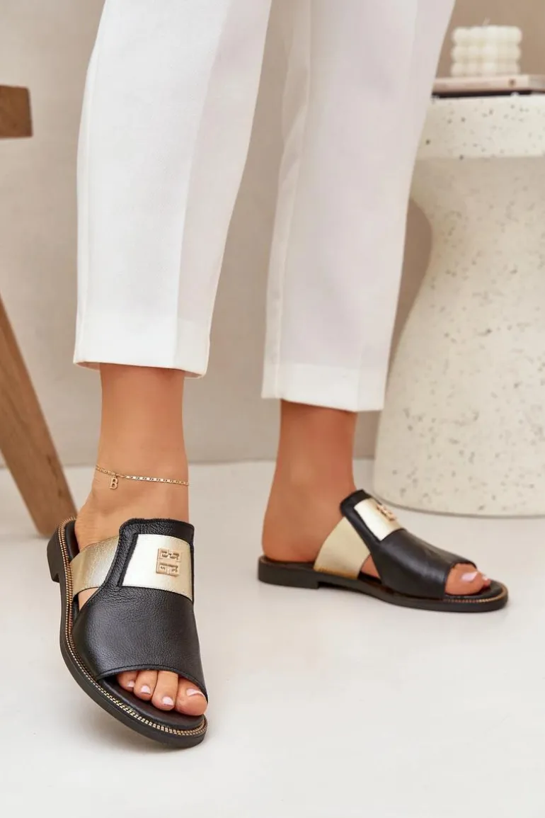 Eleganckie Klapki Ze Skóry Naturalnej Na Płaskim Obcasie Zazoo 40423 Czarne