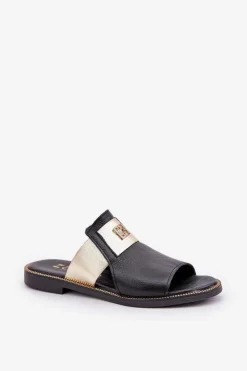 Eleganckie Klapki Ze Skóry Naturalnej Na Płaskim Obcasie Zazoo 40423 Czarne