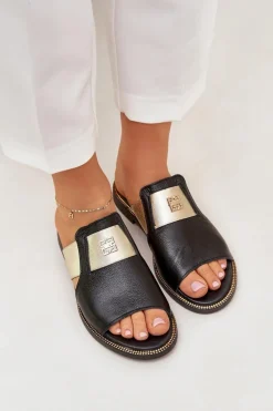 Eleganckie Klapki Ze Skóry Naturalnej Na Płaskim Obcasie Zazoo 40423 Czarne