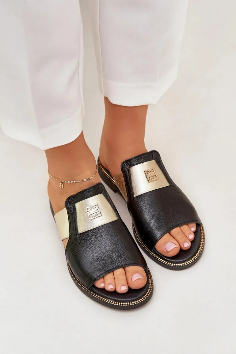 Eleganckie Klapki Ze Skóry Naturalnej Na Płaskim Obcasie Zazoo 40423 Czarne