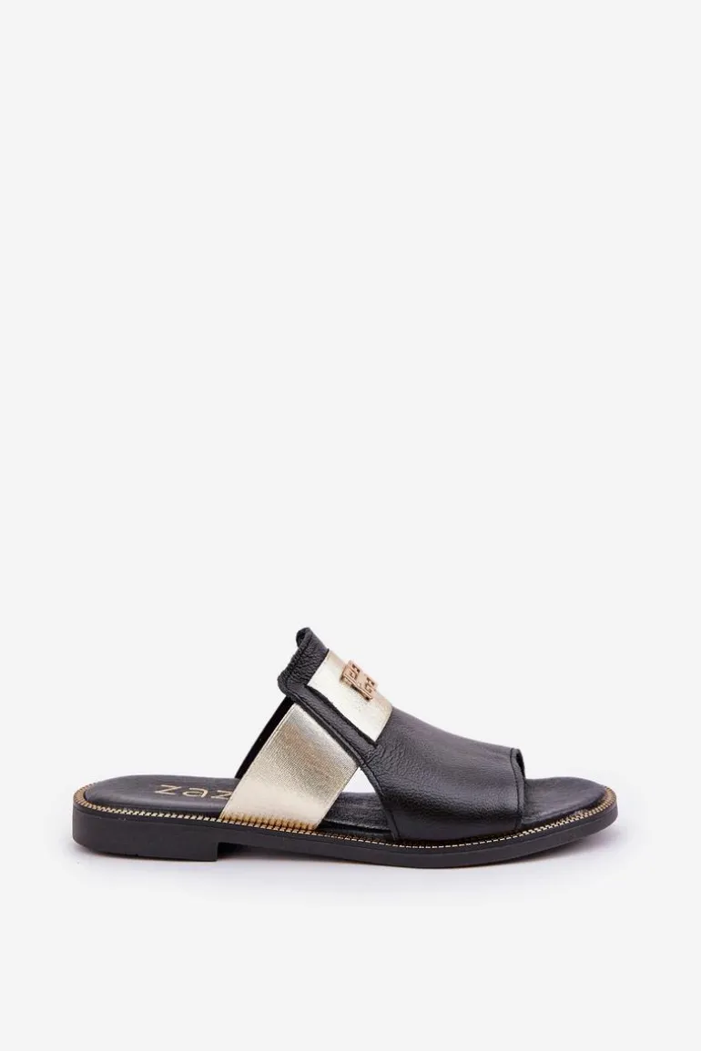 Eleganckie Klapki Ze Skóry Naturalnej Na Płaskim Obcasie Zazoo 40423 Czarne