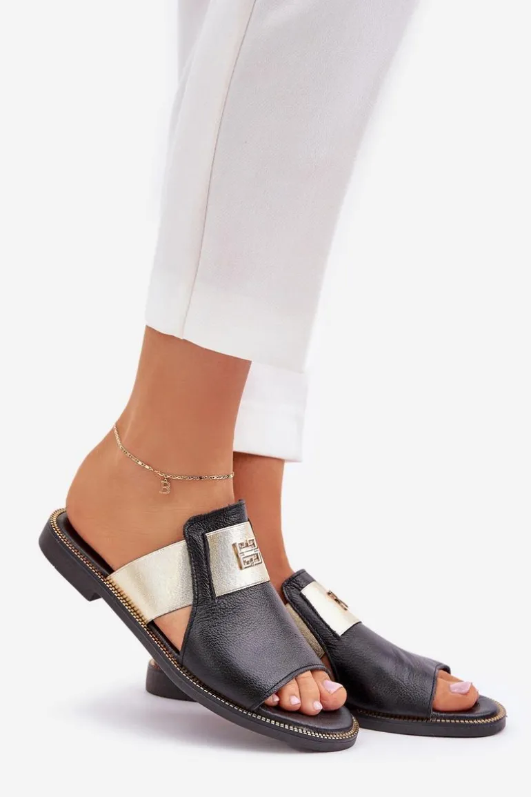 Eleganckie Klapki Ze Skóry Naturalnej Na Płaskim Obcasie Zazoo 40423 Czarne