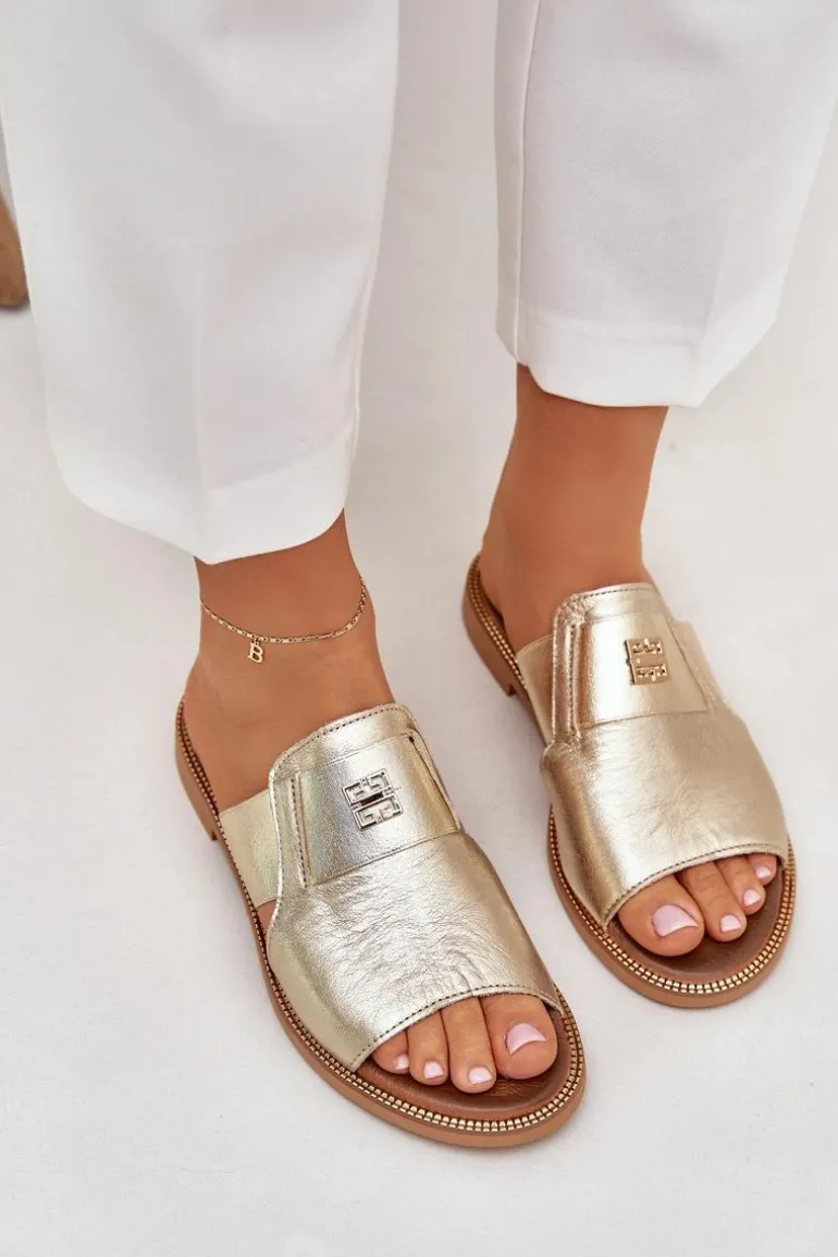 Eleganckie Klapki Ze Skóry Naturalnej Na Płaskim Obcasie Zazoo 40423 Złote