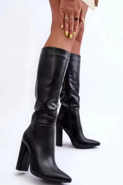 Eleganckie Kozaki Na Obcasie Skórzane Czarne Eudonice