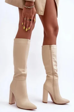 Eleganckie Kozaki Na Obcasie Skórzane Beżowe Eudonice