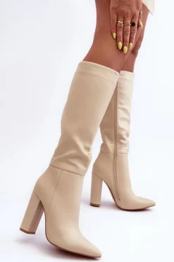 Eleganckie Kozaki Na Obcasie Skórzane Beżowe Eudonice