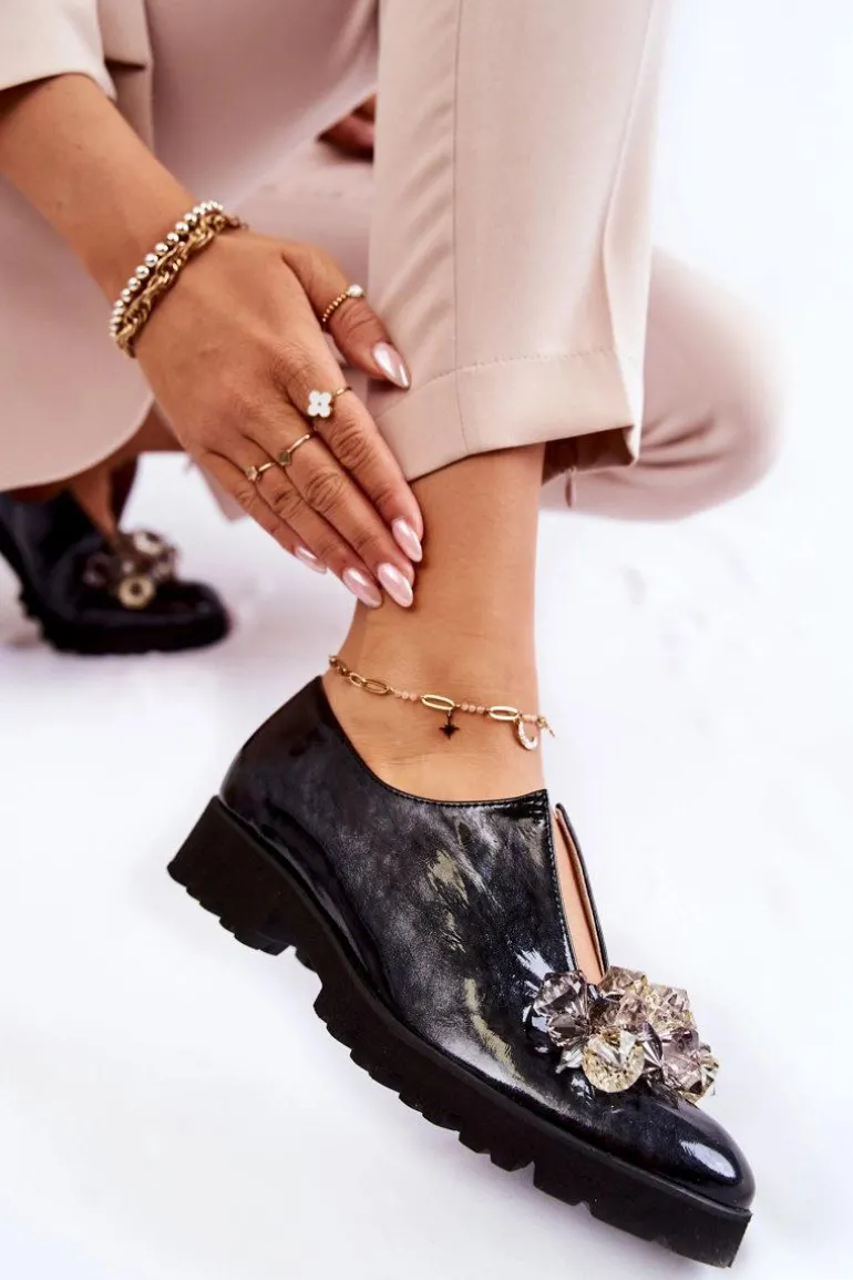 Eleganckie Lakierowane Półbuty Z Ozdobą Czarno-Szare Cindy