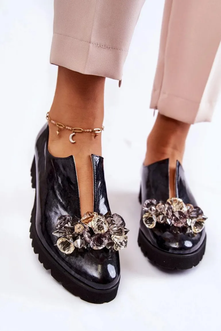 Eleganckie Lakierowane Półbuty Z Ozdobą Czarno-Szare Cindy