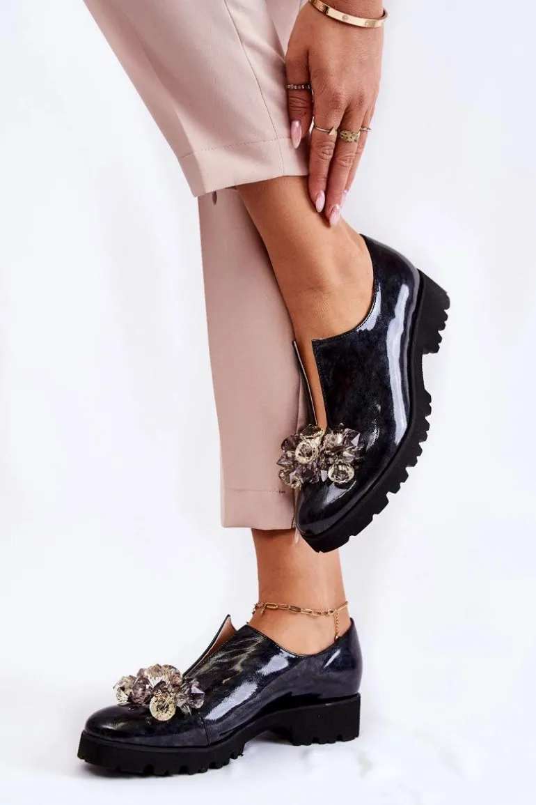 Eleganckie Lakierowane Półbuty Z Ozdobą Czarno-Szare Cindy