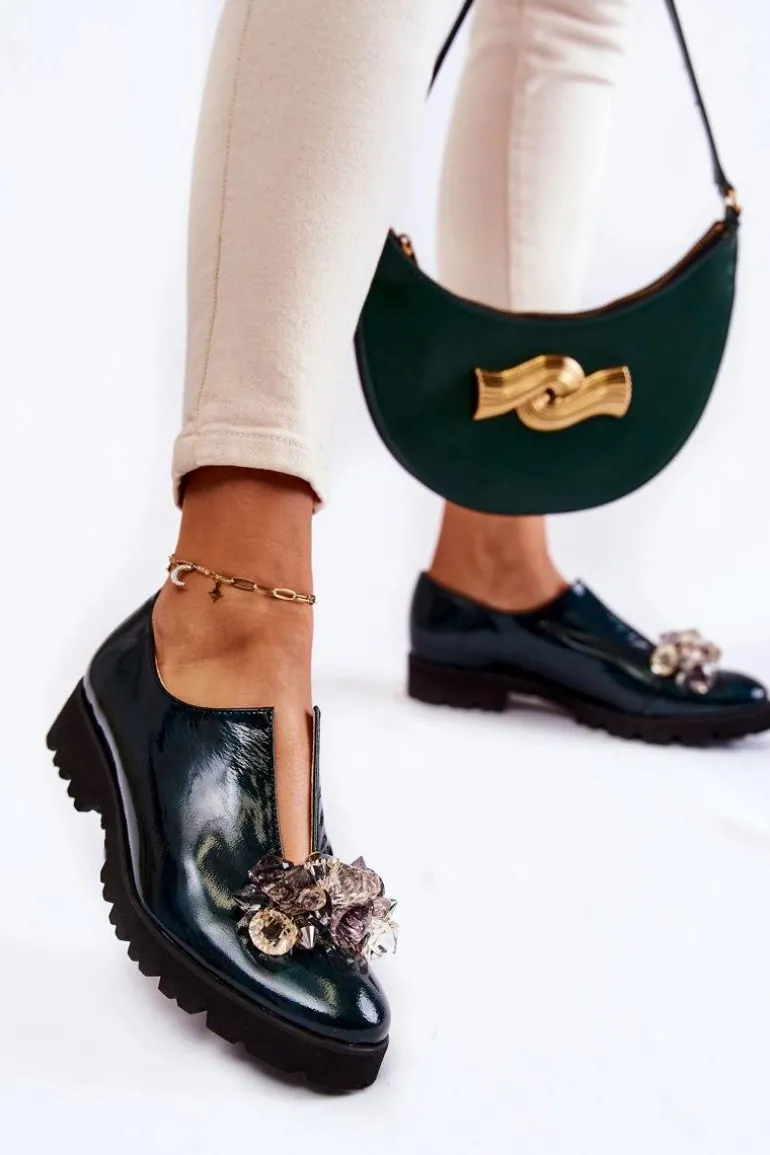 Eleganckie Lakierowane Półbuty Z Ozdobą Ciemnozielone Cindy