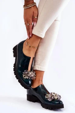 Eleganckie Lakierowane Półbuty Z Ozdobą Ciemnozielone Cindy