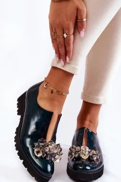 Eleganckie Lakierowane Półbuty Z Ozdobą Ciemnozielone Cindy